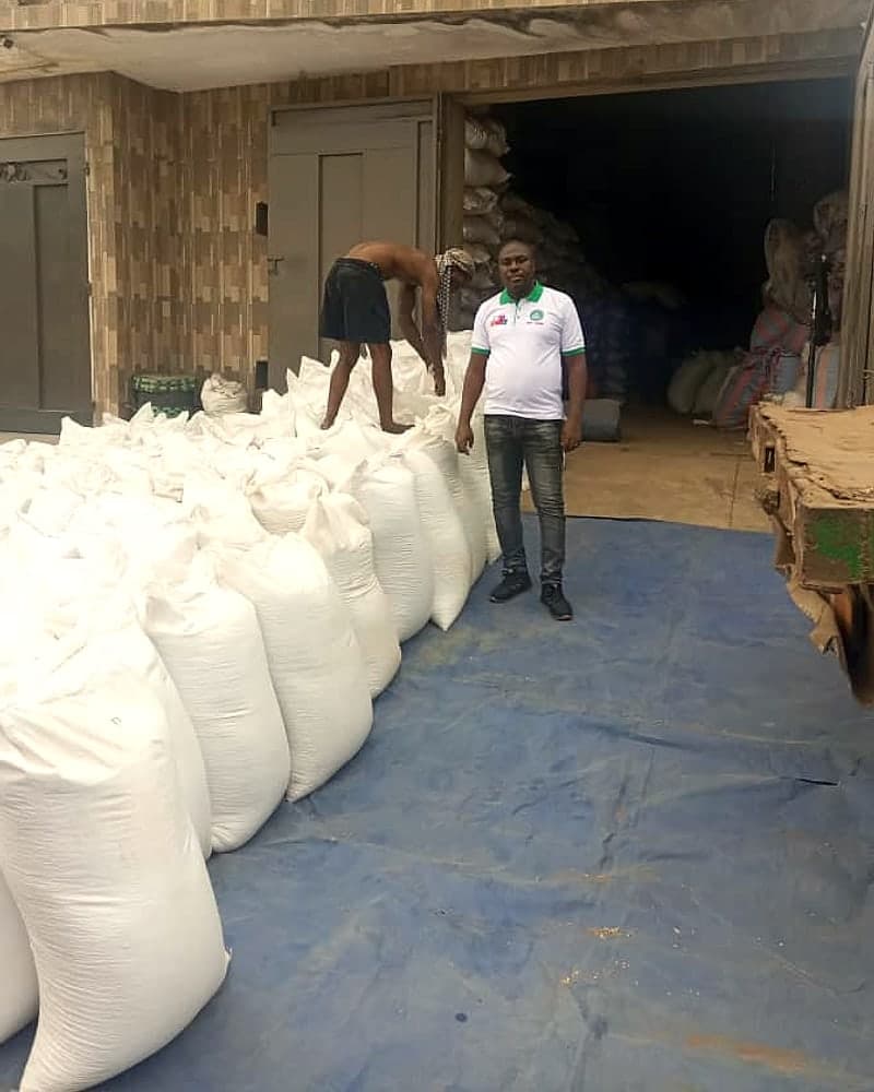 Bagged commodity aggregated outside a warehouse
