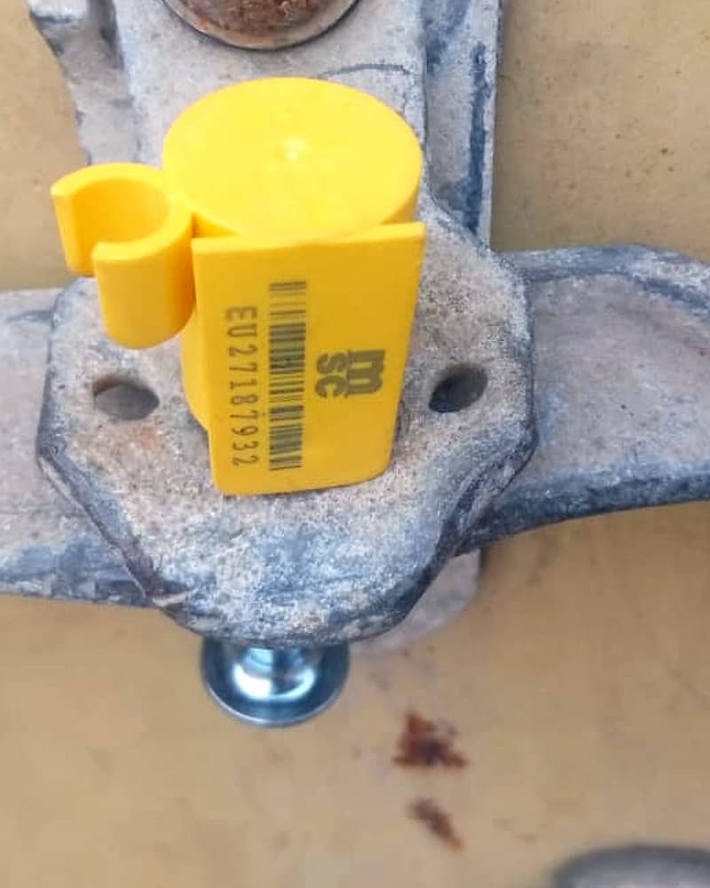 Numbered security seal on a container door